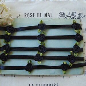May include: A set of seven black satin ribbon trims with green leaves and black fabric rose embellishments. The ribbon trims are arranged on a light blue background with the text "ROSE DE MAI" printed on the top.
