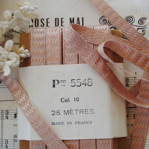 1y Vintage French 1/2&quot; Rose Pink Rayon Woven Deco Zig Zag Jacquard Brocade Gold Metal Thread Shimmery Ribbon Trim Doll Ribbon Antique Hat