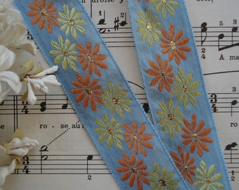 1y Vintage French 1" Duck Blue Chartreuse Burnt Orange Floral Jacquard Gold Metallic Flower Art Deco Ribbon Trim Edwardian Flapper Dress