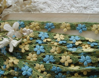3y Vintage 3/8" Schiffli Venise Yellow Blue Petite Daisy Flower Floral Applique Lace Embroidered Trim French Doll Ribbon Sewing Crazy Quilt