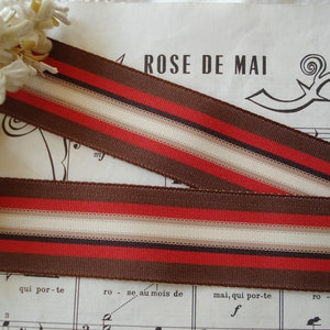 1y Vintage 1 1/2&quot; Stripe Red Brown Black Latte Rayon Straight Edge Grosgrain Petersham Millinery Ribbon Trim French Flapper Hat Belting