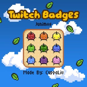 May include: A digital graphic featuring pixel art Twitch Badges Junimos. The image displays nine small, colorful, apple-shaped characters with stems and tiny limbs arranged in a grid on a light tan square. The background is blue with white clouds and green leaves.