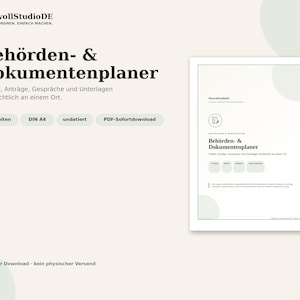 May include: A digital document planner titled Behörden- & Dokumentenplaner by PlanvollStudioDE. The layout features dark text on a light background, including sections for deadlines, applications, and records. It specifies 17 pages, DIN A4 size, undated format, and PDF download availability.