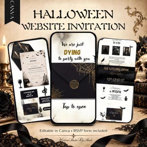 May include: Three smartphones displaying a digital Halloween website invitation template. The screens feature black envelopes with gold spiderwebs, wax seals, and text including "We are just DYING to party with you" and "Dress to kill" in elegant fonts.