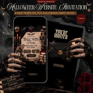 Könnte beinhalten: Eine digitale Halloween-Party-Einladungsvorlage für Mobilgeräte mit dunkler Gothic-Ästhetik. Der Bildschirm zeigt Text wie "Join us for Halloween Party", "Oct 29th" und "You're Invited" sowie einen schwarzen Umschlag mit einem goldenen Wachssiegel.