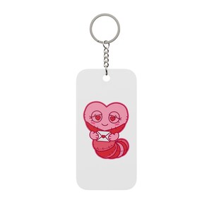 May include: A rectangular white keychain featuring a cartoon illustration of a pink heart-shaped worm with heart-shaped eyes holding a small white envelope with a red heart on it. The keychain includes a silver metal ring and a short chain.