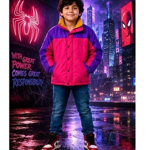 May include: A colour-blocked jacket featuring a bright pink torso, purple sleeves, and a mustard yellow inner collar, paired with blue denim jeans and red, white, and black high-top trainers. The background displays a neon spider logo and text.