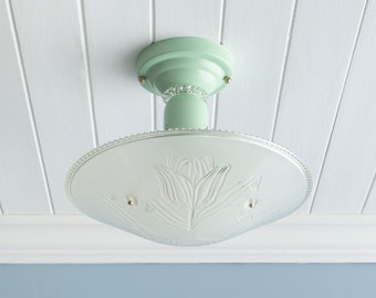 Vintage Jadeite Mint Green 3 Chain Flush Mount Ceiling Light Fixture Historic Clear Frosted Glass Deco Brass Floral 1930s 1940s 1950s