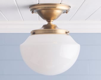 Classic Schoolhouse Natural Brass Flush Mount Ceiling Light Fixture Antique Art Deco Vintage White Milk Glass Shade Globe 1920s 1930s 1940s