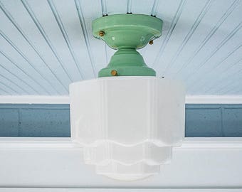 Art Deco Flush Mount Ceiling Light Vintage Fixture Jadeite Green Mint Brass White Milk Glass Skyscraper Schoolhouse