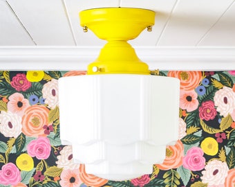 schoolhouse desks Pair Available! Vintage Art Deco Semi Flush Mount Ceiling Light Milk Glass Skyscraper Shade Schoolhouse Farmhouse Fixture White Yellow Brass