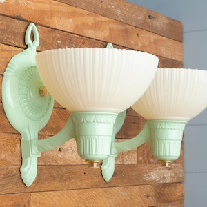 Pair Art Deco Antique Wall Lights Fixtures Sconces Jadeite Mint Green Custard Glass Vintage Shades Brass Historic 1920s 1930s 1940s