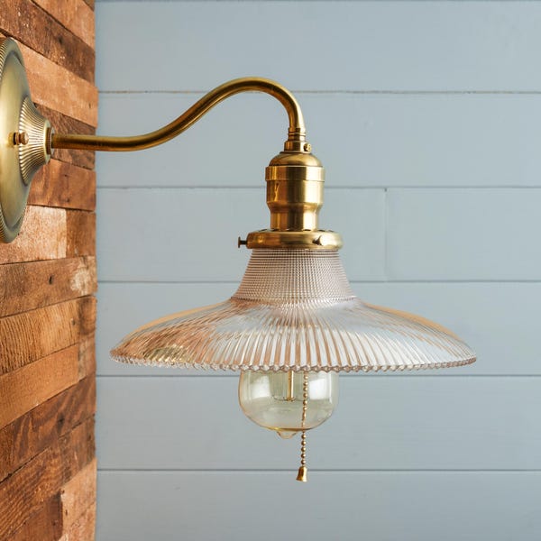 Pair Available! Antique Industrial Wall Light Sconce Fixture Holophane Glass Shade Natural Brass Patina Vintage Lighting Pull Chain Cottage