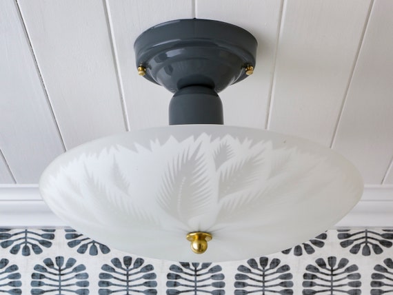 Mid Century Vintage Semi Flush Mount Ceiling Light Fixture Tropical Palm Leaf Leaves Brass White Feathers Gray 1940s 1950s 1960s