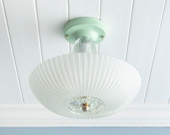 Vintage Flush Mount Ceiling Light Fixture Art Deco Jadeite Mint Green Clear Frosted Glass Holophane Entry Bedroom Cottage 1930s 1940s 1950s