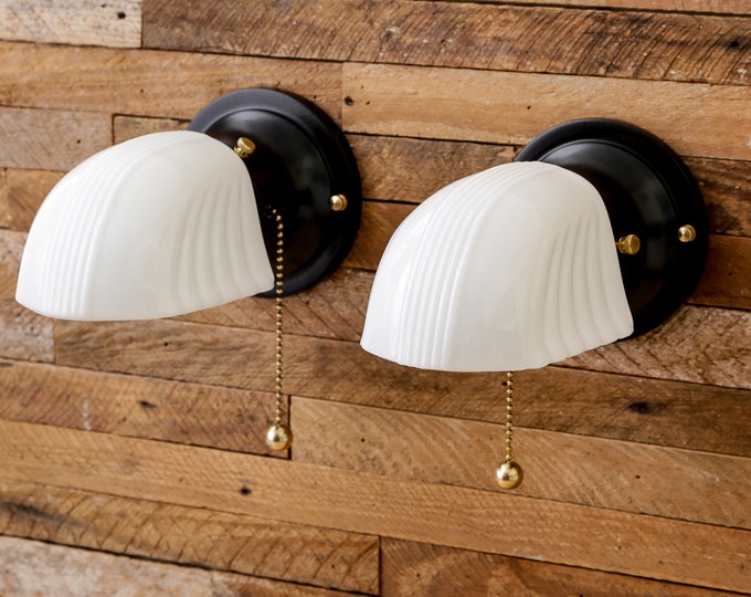 Vintage Rewired Black Pull Chain Wall Lights Fixtures Sconces Pair Bathroom Vanity White Milk