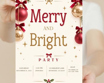 Op de afbeelding: Een crèmekleurige uitnodiging voor een kerstfeest met de tekst Merry and Bright. Het ontwerp bevat rode en gouden kerstballen die aan dennentakken hangen met rode strikken, gouden sterren en de details voor het evenement op 20 december 2025.