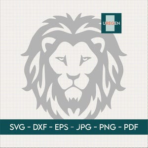 May include: A gray lion head graphic centered on a light grid background. The top right corner features a dark teal square with the text UREGEN. A dark teal horizontal bar at the bottom contains the white text SVG - DXF - EPS - JPG - PNG - PDF.