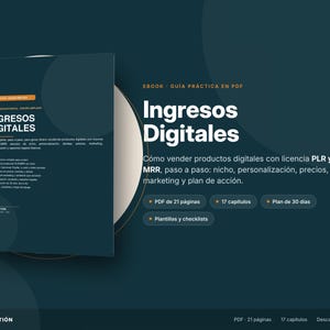 Puede incluir: Una guía ebook digital en color verde azulado oscuro titulada Ingresos Digitales, con texto blanco en la portada y una página de resumen. El contenido trata sobre la venta de productos digitales con licencias PLR y MRR, 21 páginas y 17 capítulos.