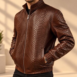 Men’s Brown Python Embossed Leather Bomber Jacket, Exotic Snake Skin Motorcycle Jacket