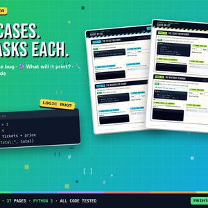 K&ouml;nnte beinhalten: Eine digitale Bildungsressource mit dem Titel 20 CASES. 3 TASKS EACH. mit Programmier&uuml;bungen f&uuml;r Python 3. Das Dokument enth&auml;lt Code-Snippets, Logik-Fehler-Herausforderungen und Aufgaben wie Find the bug, What will it print und Fix the code.
