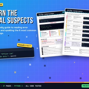 K&ouml;nnte beinhalten: Ein digitaler Lernleitfaden mit dem Titel Learn The Usual Suspects, der zwei Seiten mit Python-Programmierunterricht f&uuml;r Kinder enth&auml;lt. Der Inhalt umfasst Code-Schnipsel, Erkl&auml;rungen zu Fehlermeldungen und h&auml;ufige Bugs.