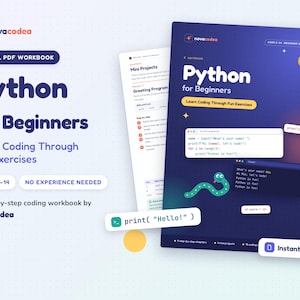 May include: A digital PDF workbook titled Python for Beginners by Novacodea, featuring a dark blue cover with a green snake illustration, code snippets, and educational text. The workbook includes step-by-step coding exercises for ages 9-14.