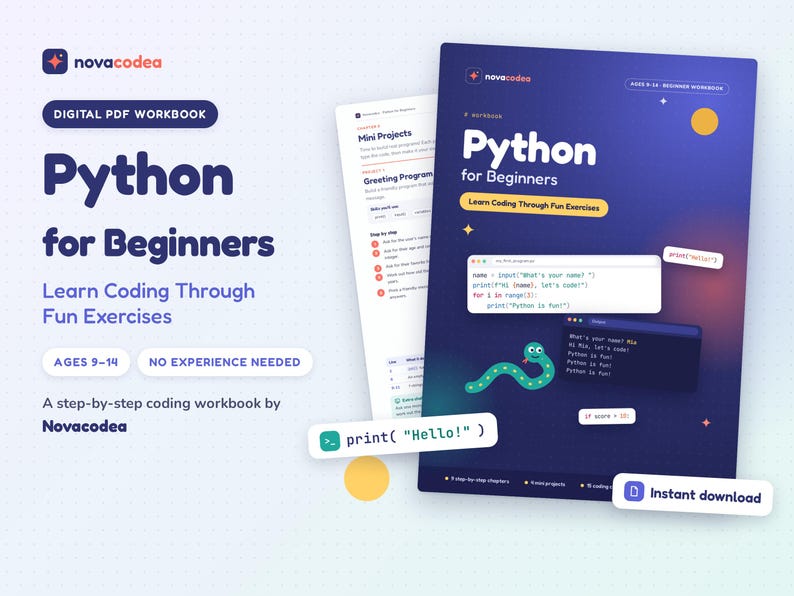 K&ouml;nnte beinhalten: Ein digitales PDF-Arbeitsbuch mit dem Titel Python for Beginners von Novacodea, das ein dunkelblaues Cover mit einer gr&uuml;nen Schlangenillustration, Code-Schnipseln und p&auml;dagogischem Text f&uuml;r Kinder im Alter von 9 bis 14 Jahren enth&auml;lt.