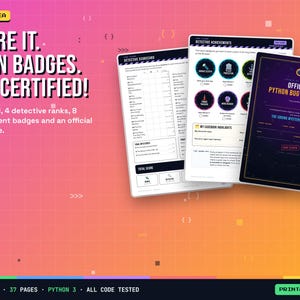 K&ouml;nnte beinhalten: Ein druckbares PDF-Set mit einer Detektiv-Scorecard, Leistungsabzeichen und einem offiziellen Zertifikat. Die Dokumente enthalten Text wie SCORE IT. EARN BADGES. GET CERTIFIED!, DETECTIVE SCORECARD, DETECTIVE ACHIEVEMENTS und OFFICIAL PYTHON BUG DETECTIVE.