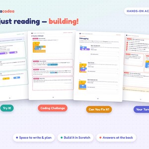 K&ouml;nnte beinhalten: Vier Bildungsseiten aus einem Programmier-Arbeitsbuch mit dem Titel novacodea, mit dem Text Not just reading - building! und HANDS-ON ACTIVITIES. Die Seiten enthalten Scratch-Programmierblockdiagramme, Debugging-&Uuml;bungen und Abschnitte mit der Beschriftung Try It!, Coding Challenge, Can You Fix It? und Your Turn!.