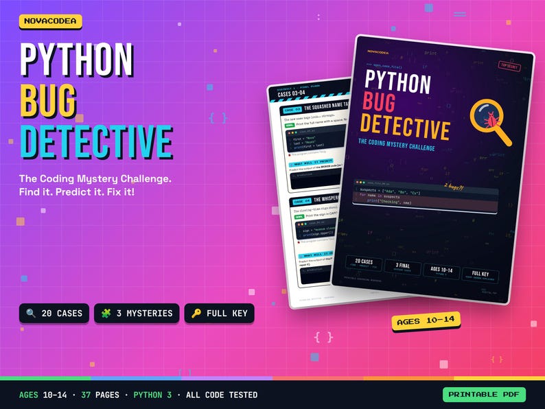 K&ouml;nnte beinhalten: Ein Python Bug Detective Programmier-R&auml;tselheft mit einem dunklen Einband, einer Lupe &uuml;ber einem roten K&auml;fer-Symbol, wei&szlig;em und gelbem Text sowie einer zweiten Seite mit Code-Schnipseln vor einem leuchtenden violetten Hintergrund.
