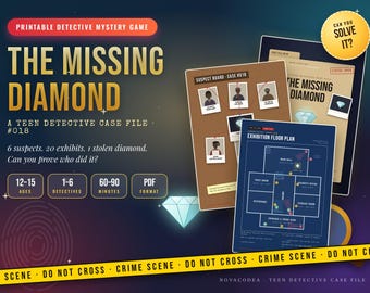 Könnte beinhalten: Ein druckbares Detektiv-Mystery-Spiel mit dem Titel The Missing Diamond, ein Jugend-Detektiv-Fall #018. Das Set enthält eine Verdächtigen-Tafel, einen Ausstellungsplan und Fallakten. Mit 6 Verdächtigen, 20 Beweisstücken und einer Diamantgrafik.