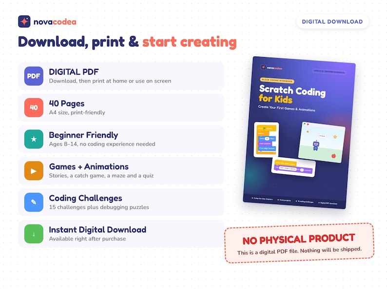 K&ouml;nnte beinhalten: Ein digitales PDF-Arbeitsbuch mit dem Titel Scratch Coding for Kids, das 40 A4-Seiten mit Programmieraufgaben, Spielen und Animationen f&uuml;r 8- bis 14-J&auml;hrige enth&auml;lt. Die Grafik enth&auml;lt den Text Download, print & start creating und No physical product.