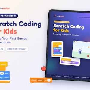 Puede incluir: Un libro de ejercicios digital en PDF titulado Scratch Coding for Kids, que muestra una tableta azul oscuro con ejemplos de codificación por bloques, un icono de manzana roja y texto para edades de 8 a 14 años.