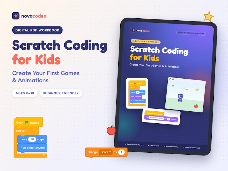 K&ouml;nnte beinhalten: Ein digitales PDF-Arbeitsbuch mit dem Titel Scratch Coding for Kids, das ein dunkelblaues Tablet-Display mit farbigen Block-Coding-Beispielen, ein kleines rotes Apfelsymbol und Text f&uuml;r Kinder im Alter von 8-14 Jahren zeigt.