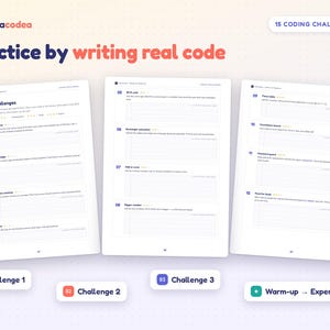 K&ouml;nnte beinhalten: Drei wei&szlig;e Seiten mit dem Titel Coding Challenges von novacodea, die 15 Programmieraufgaben von warm-up bis expert enthalten. Der Text umfasst spezifische Aufgaben wie Shoot it out, Name badge, Minutes machine, Echo, Birth year, Rectangle calculator, Odd or even, Bigger number, Times table, Countdown board, Password guard und Favorite foods.