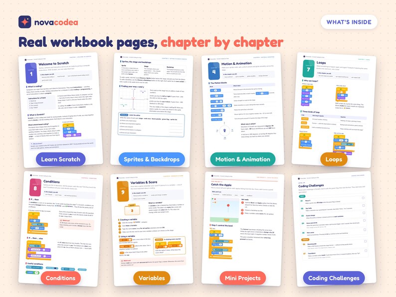 K&ouml;nnte beinhalten: Acht Bildungs-Arbeitsbuchseiten von novacodea mit Scratch-Programmierlektionen. Jede Seite enth&auml;lt nummerierte Kapitel, farbige Codeblock-Illustrationen, Anleitungstexte und Beschriftungen wie Learn Scratch, Sprites, Motion, Loops, Conditions, Variables, Mini Projects und Coding Challenges.