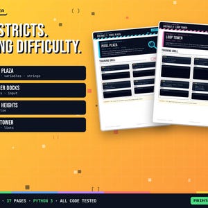 K&ouml;nnte beinhalten: Ein gelbes Bildungsdokument mit dem Titel 4 DISTRICTS. RISING DIFFICULTY. und einer Liste von vier Programmiermodulen: Pixel Plaza, Number Docks, Logic Heights und Loop Tower. Zwei wei&szlig;e Seiten zeigen &Uuml;bungen f&uuml;r Python 3.