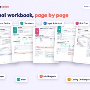 K&ouml;nnte beinhalten: Ein Arbeitsbuch mit dem Titel novacodea, das p&auml;dagogische Seiten zur Python-Programmierung enth&auml;lt. Der Inhalt umfasst Abschnitte zu Python-Grundlagen, Variablen, Ein- und Ausgabe, If & Else, Listen, Schleifen, Miniprojekte und Coding-Challenges.