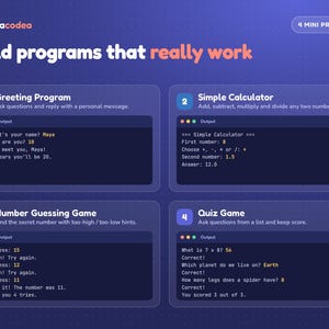 K&ouml;nnte beinhalten: Eine blaue Bildungsgrafik mit dem Titel Build programs that really work von novacodea, die vier Miniprojekte zeigt: Greeting Program, Simple Calculator, Number Guessing Game und Quiz Game. Jeder Abschnitt enth&auml;lt Beispiele f&uuml;r Code-Ausgaben.
