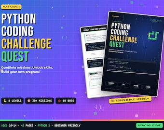 Könnte beinhalten: Ein Python Coding Challenge Quest Arbeitsbuch mit dunkelblauem Einband, weißem und gelbem Text, Code-Schnipseln, 8 Levels, 30+ Missionen und 10 Bugs. Das druckbare PDF ist für 10- bis 14-Jährige konzipiert und anfängerfreundlich.