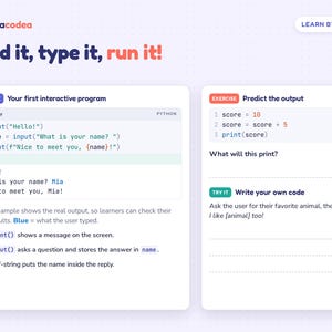 K&ouml;nnte beinhalten: Eine Lehrgrafik mit dem Titel Read it, type it, run it! mit einem Python-Programmierbeispiel, Code-Schnipseln, Ausgabeergebnissen und einem interaktiven &Uuml;bungsbereich, in dem man das Ergebnis vorhersagen und eigenen Code schreiben kann.