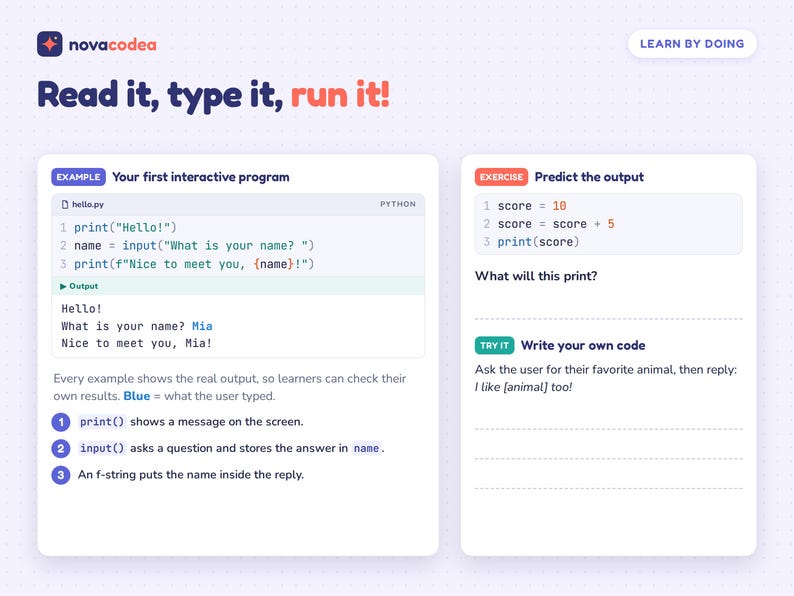 K&ouml;nnte beinhalten: Eine Lehrgrafik mit dem Titel Read it, type it, run it! mit einem Python-Programmierbeispiel, Code-Schnipseln, Ausgabeergebnissen und einem interaktiven &Uuml;bungsbereich, in dem man das Ergebnis vorhersagen und eigenen Code schreiben kann.