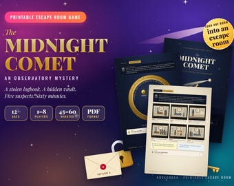 Könnte beinhalten: Ein druckbares Escape-Room-Spiel mit dem Titel The Midnight Comet: An Observatory Mystery. Das Set enthält Spieldokumente, ein goldenes Vorhängeschloss und einen Umschlag mit der Aufschrift Envelope 9. Details: 12+ Jahre, 1-8 Spieler, 45-60 Minuten, PDF.