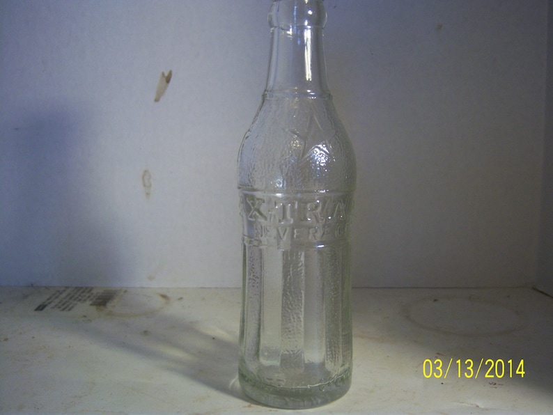 1940's Xtra Beverages JR Springfield, Mass 6 1/2 oz clear deco soda bottle 7 3/4 inches tall image 1