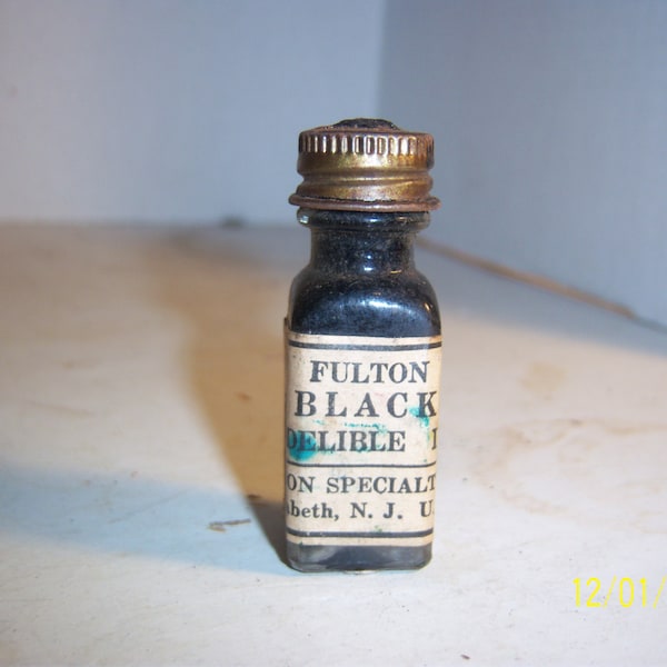 1920's Fulton Black Indelible Ink Elizabeth, NJ  2 3/8  inch clear  Ink  Bottle with paper label and original stopper
