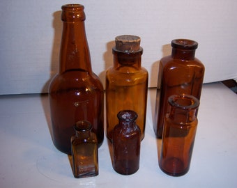 MI - 1890-1940's Lot of 6 - 2 5/8 to 7 3/8 inch PLAIN brown amber medicine chemical beer bottles