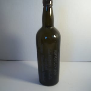 1890's John Osborn Antediluvian New York Chicago Philada Montreal Etched Olive Green 11 3/8 inch tall Liquor Whiskey Bottle Cylinder image 1