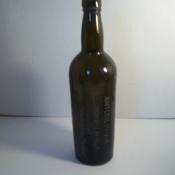 1890's John Osborn Antediluvian New York Chicago Philada Montreal Etched Olive Green 11 3/8  inch tall Liquor Whiskey Bottle Cylinder