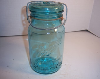 PA4 - 1920's Ball Sanitary Sure Seal BLUE 7 1/2 inch tall Quart Fruit Jar Bottle Wedding Shower Bridal